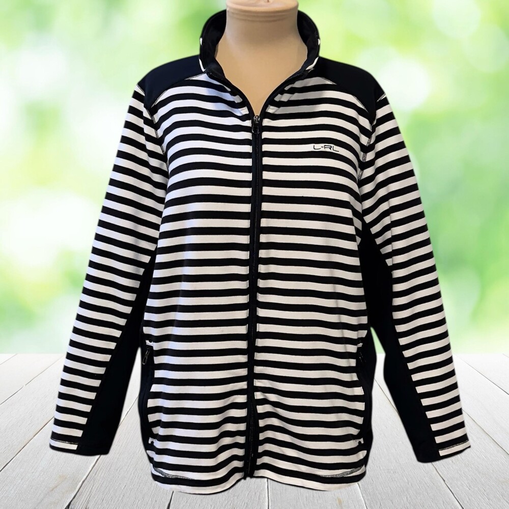 LAUREN RALPH LAUREN Striped Track Jacket Full Zip Athleisure Black White Plus 2X